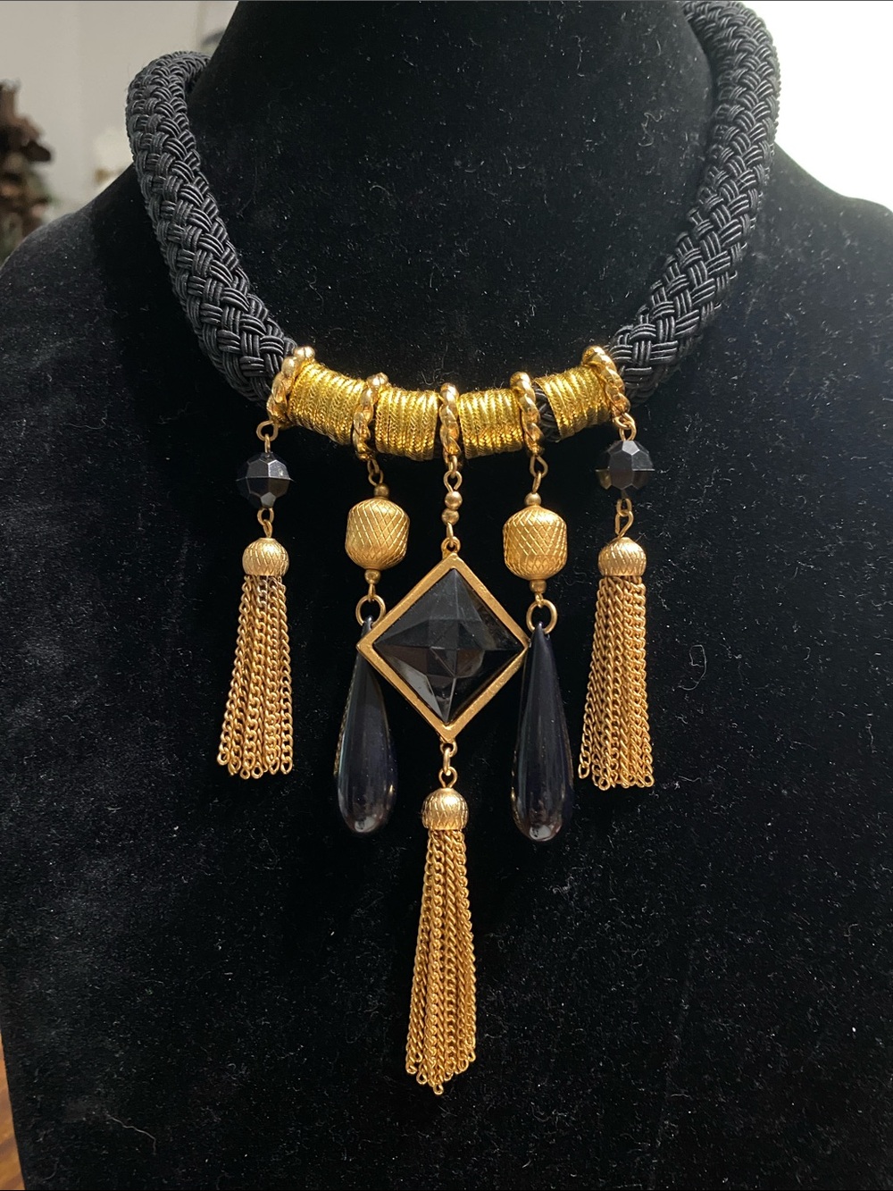 Dauplaise Gold and Black Statement Tassel Necklace & Screw back earrings